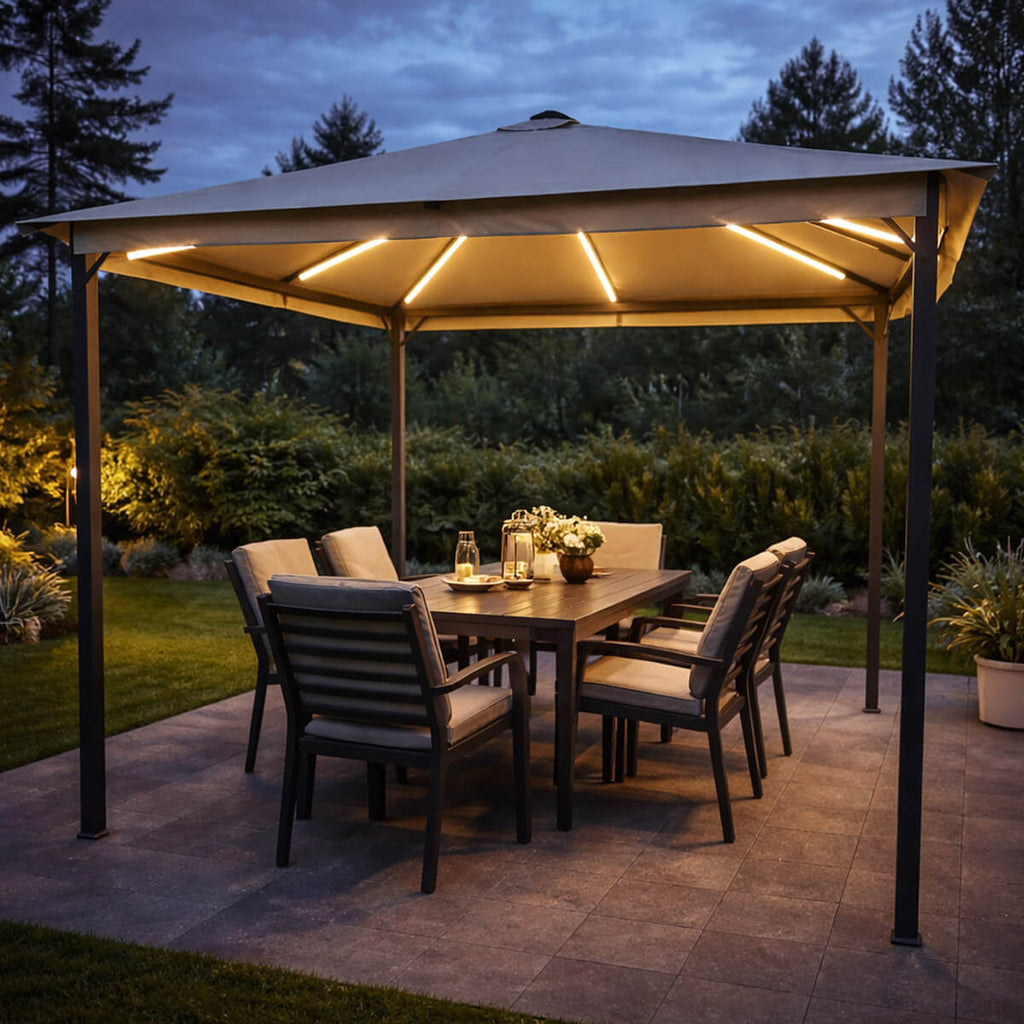 LED-paviljong 3 x 3 m – solpanel, LED-remsor, sidogardiner, beige