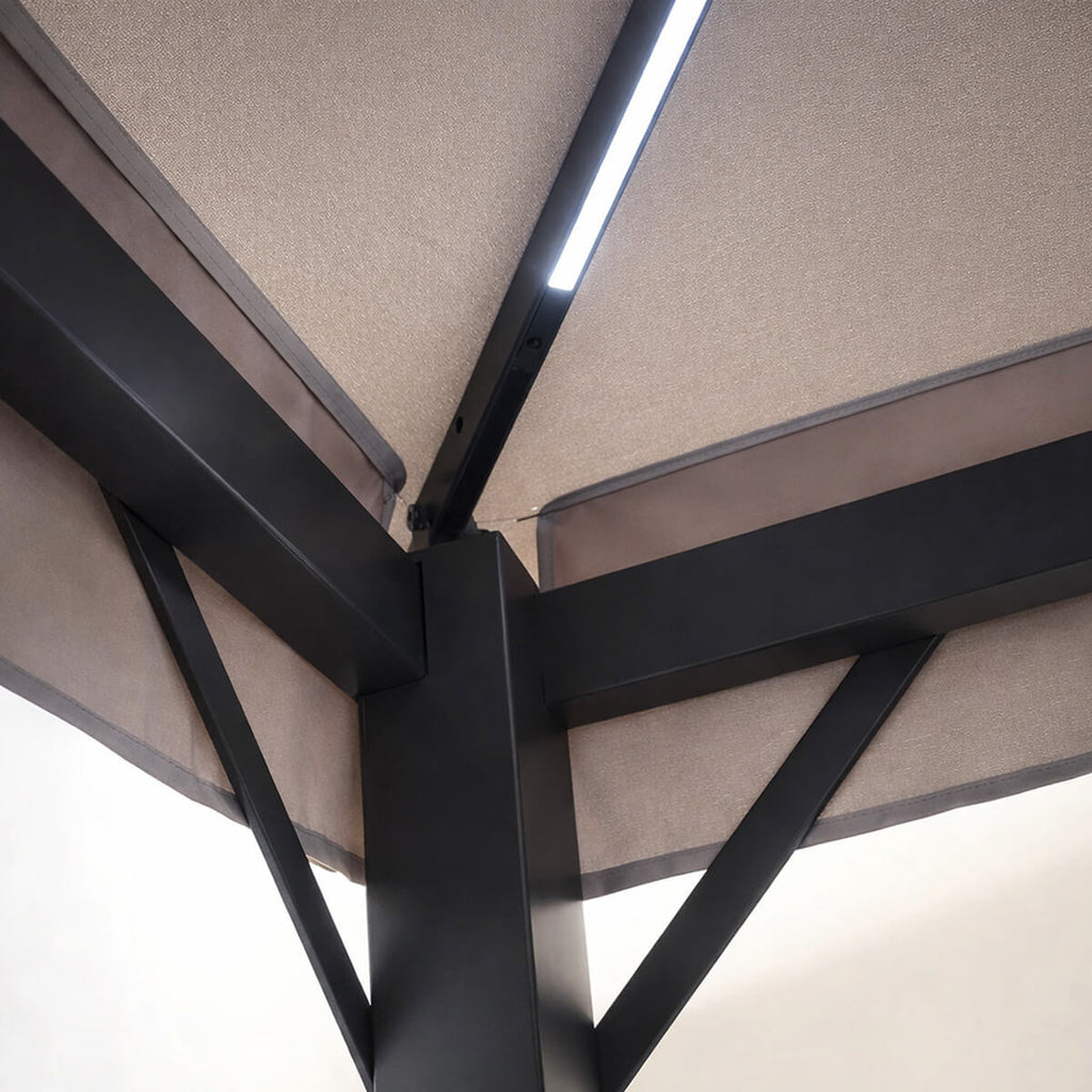 LED-paviljong 3 x 3 m – solpanel, LED-remsor, sidogardiner, beige