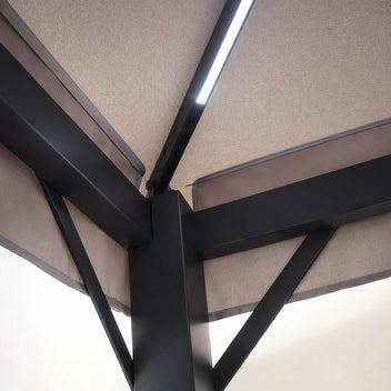 LED-paviljong 3 x 3 m – solpanel, LED-remsor, sidogardiner, beige