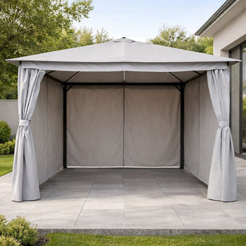 LED-paviljong 3 x 3 m – solpanel, LED-remsor, sidogardiner, grå