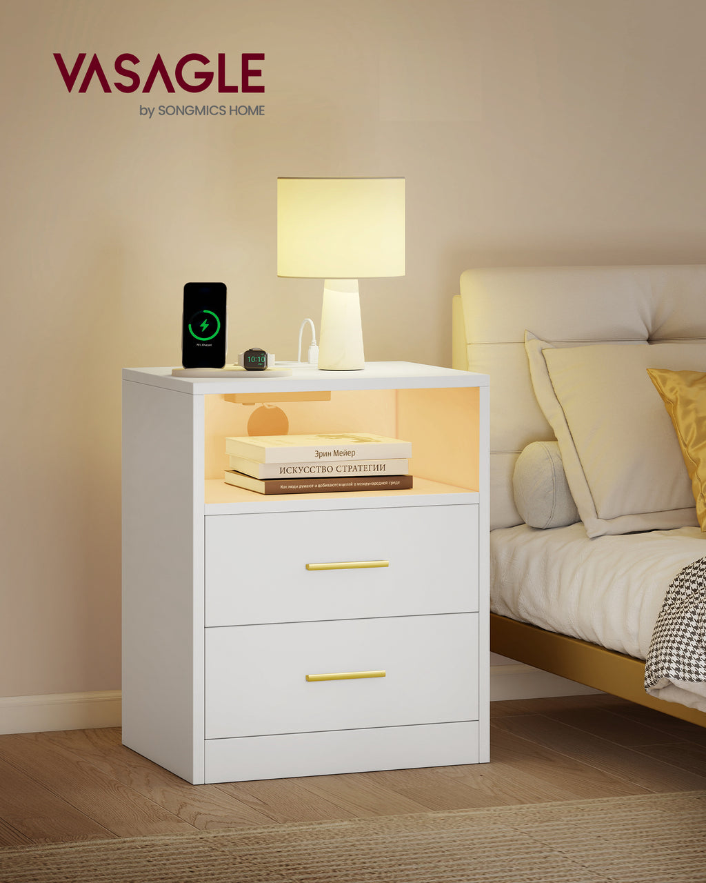 CUSTOS-sarja, yöpöytä latauspisteellä ja LED-valaistuksella, 2 pistorasiaa ja USB-portit, laatikot, moderni, 30 × 40,1 × 50,2 cm, pilvenvalkoinen