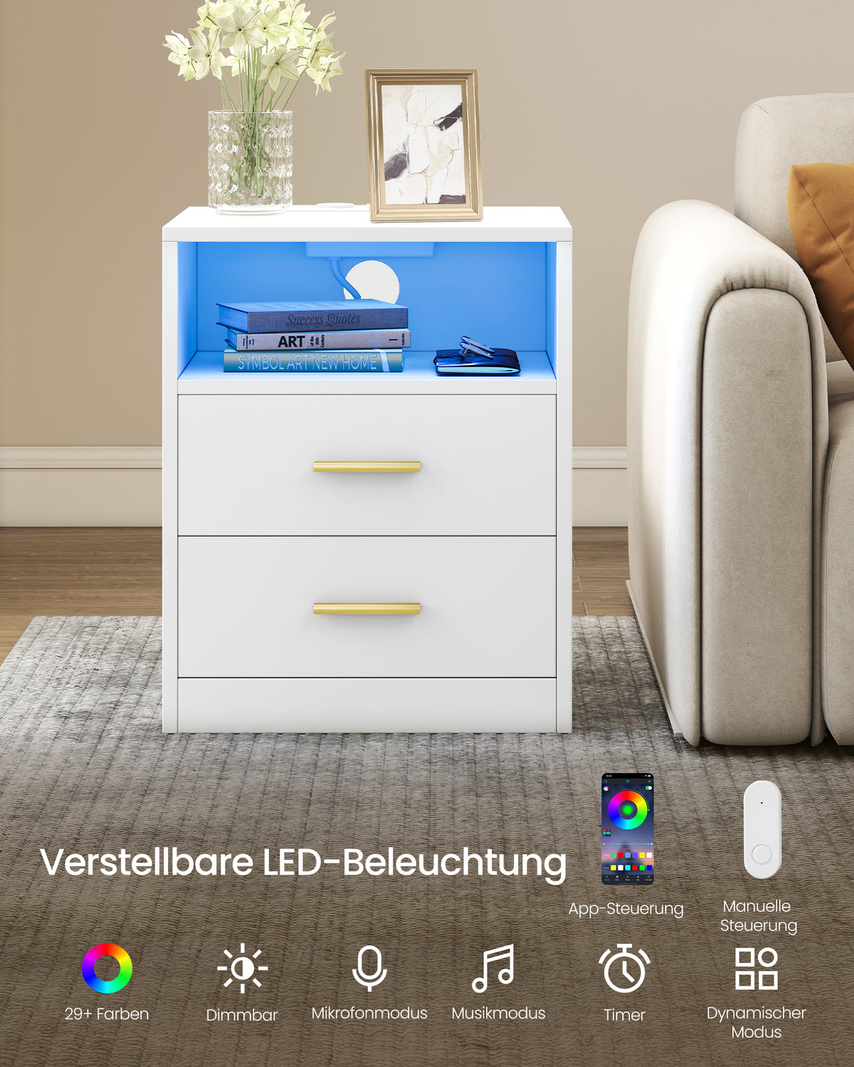 CUSTOS-sarja, yöpöytä latauspisteellä ja LED-valaistuksella, 2 pistorasiaa ja USB-portit, laatikot, moderni, 30 × 40,1 × 50,2 cm, pilvenvalkoinen