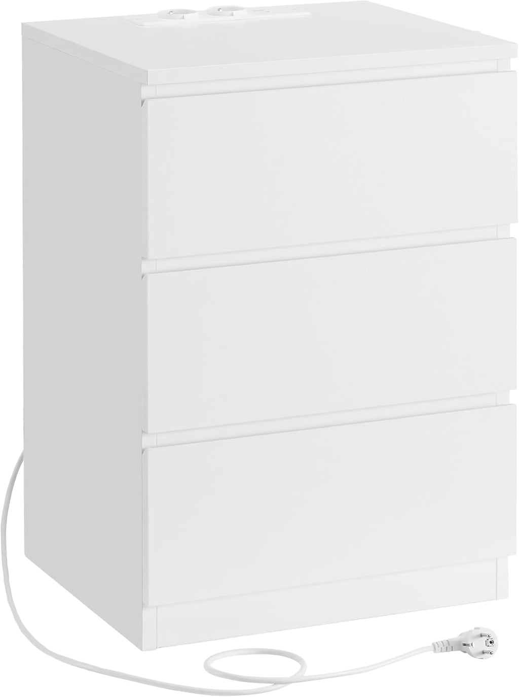 Yöpöytä 3 laatikolla, viistetty reuna, 2 pistorasiaa ja 2 USB-porttia, olohuoneeseen, makuuhuoneeseen ja työhuoneeseen, moderni, 35 × 40 × 59 cm, pilvenvalkoinen