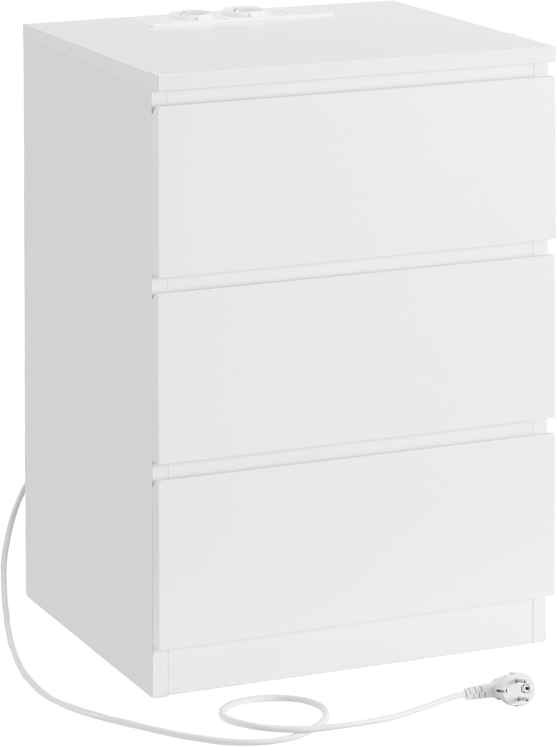 Yöpöytä 3 laatikolla, viistetty reuna, 2 pistorasiaa ja 2 USB-porttia, olohuoneeseen, makuuhuoneeseen ja työhuoneeseen, moderni, 35 × 40 × 59 cm, pilvenvalkoinen