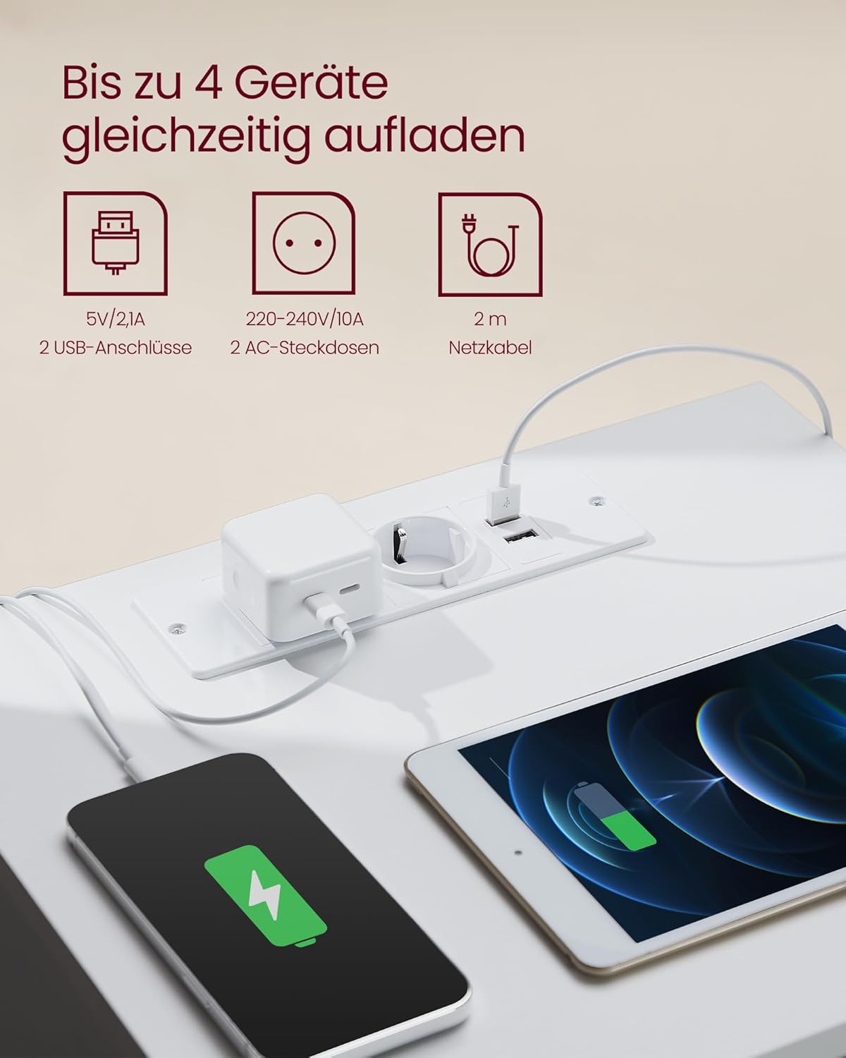 Yöpöytä 3 laatikolla, viistetty reuna, 2 pistorasiaa ja 2 USB-porttia, olohuoneeseen, makuuhuoneeseen ja työhuoneeseen, moderni, 35 × 40 × 59 cm, pilvenvalkoinen