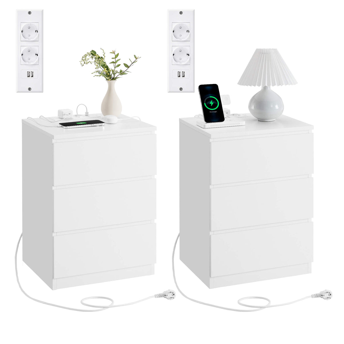 2 yöpöydän sarja, 3 laatikkoa, viistetty reuna, 2 pistorasiaa ja 2 USB-porttia, olohuoneeseen, makuuhuoneeseen ja työhuoneeseen, moderni, 35 × 40 × 59 cm, pilvenvalkoinen