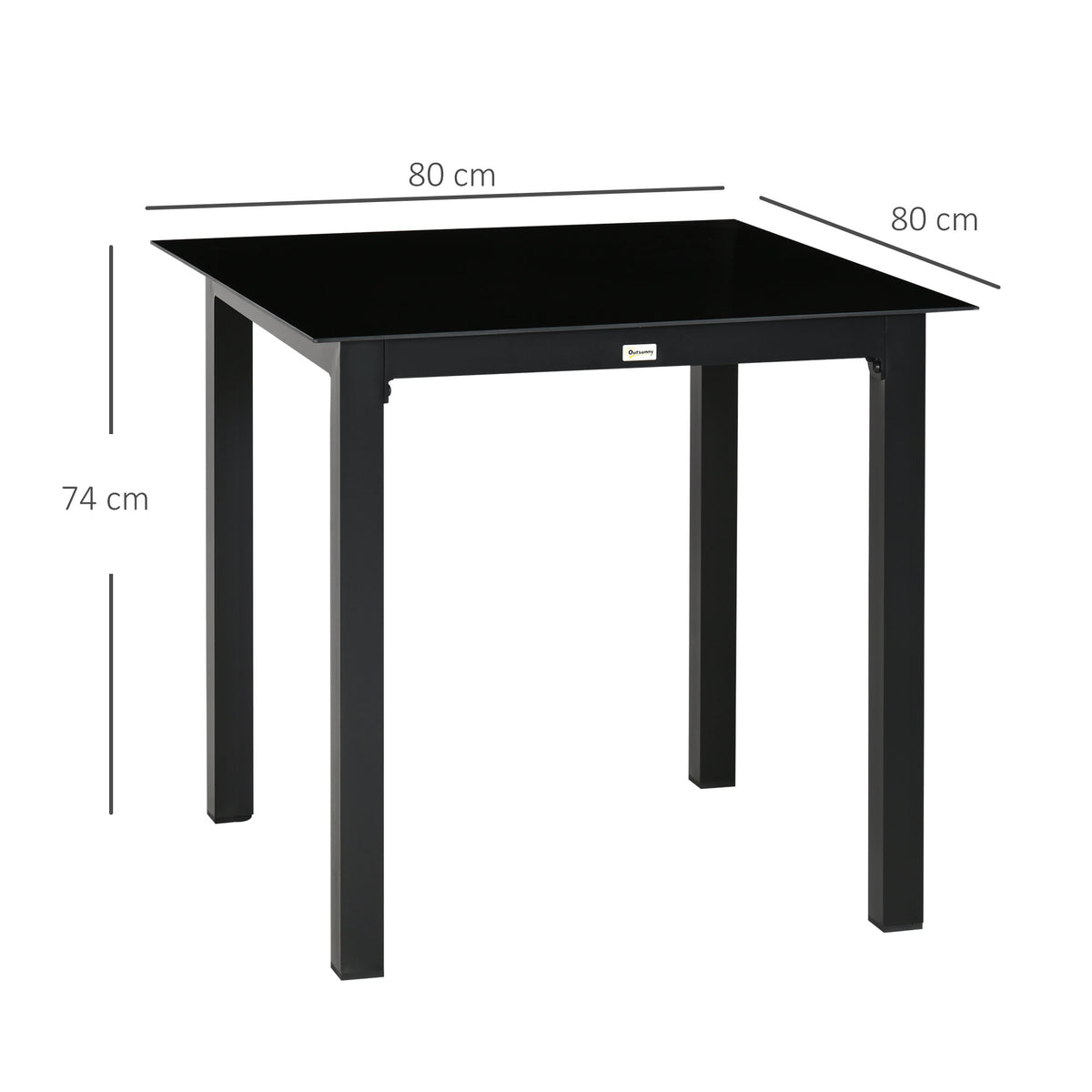 Neliönmallinen puutarhapöytä lasikannella ja alumiinirungolla, 80 x 80 cm, musta