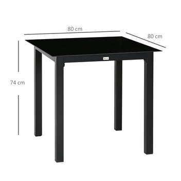 Neliönmallinen puutarhapöytä lasikannella ja alumiinirungolla, 80 x 80 cm, musta