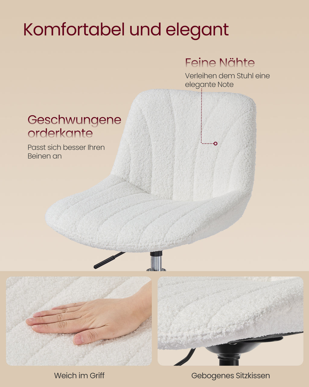 Meikkijakkara selkänojalla, korkeussäädettävä, 360° kääntyvä, makuuhuoneeseen ja ruokailutilaan, sherpa-päällinen, kremanvalkoinen
