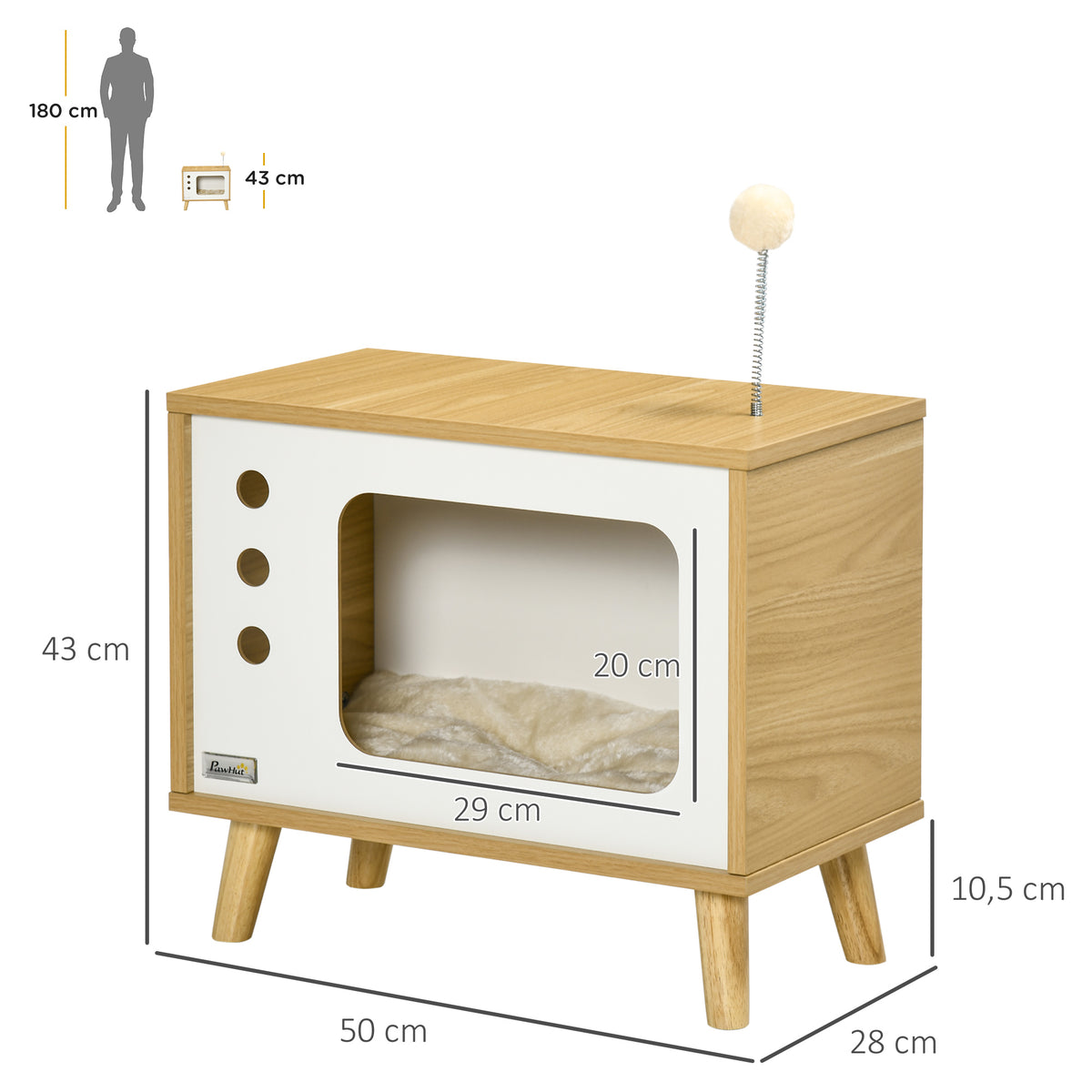 Kissanpesä vanhan television muodossa, pestävä tyyny ja lelu, 50 x 28 x 43 cm, tammi