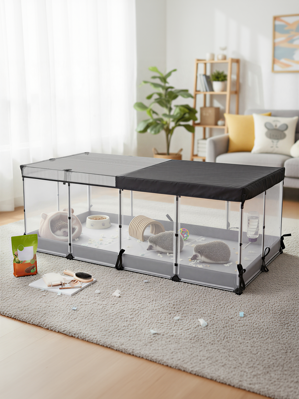 SONGMICS bur för små djur, halvgenomskinliga paneler, andningsbar, vattentålig tygbotten, kaninbur för inomhusbruk, marsvinsbur, galler, 144 x 74 x 57 cm, molnvit