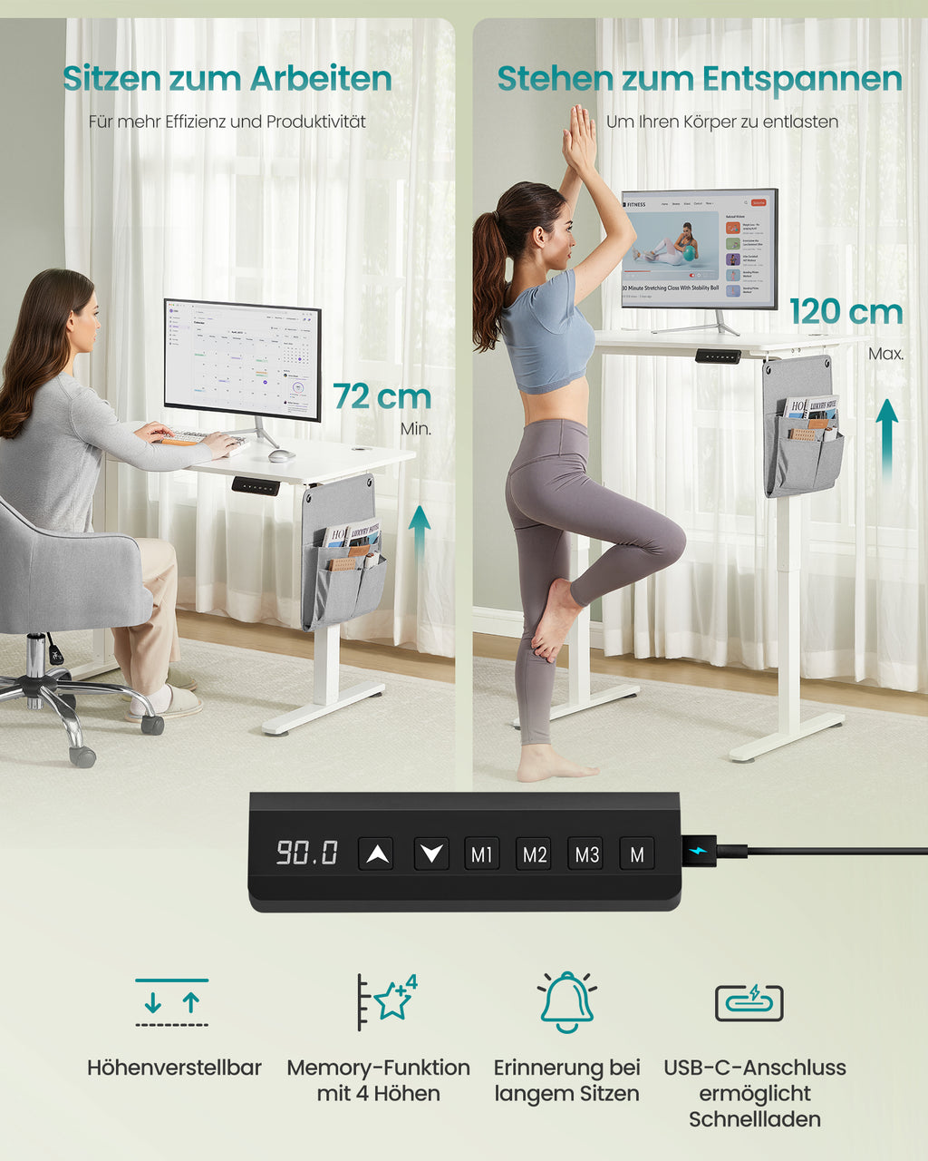 Sähköisesti korkeussäädettävä työpöytä, 100 × 60 cm, muistitoiminto 4 korkeudelle, USB-C-liitäntä, pilvenvalkoinen