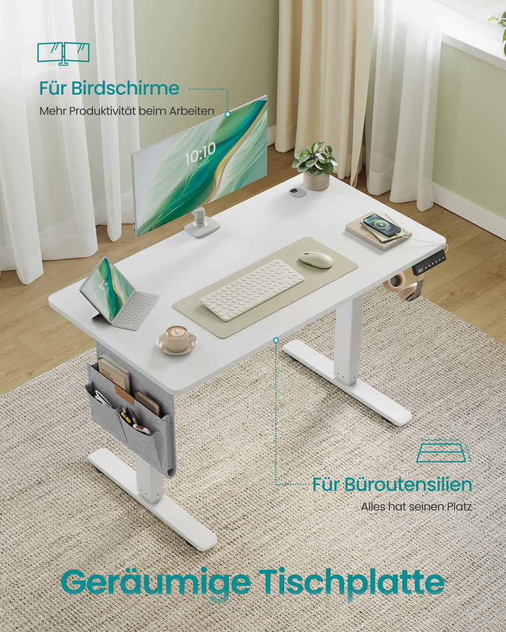 Sähköisesti korkeussäädettävä työpöytä, 100 × 60 cm, muistitoiminto 4 korkeudelle, USB-C-liitäntä, pilvenvalkoinen