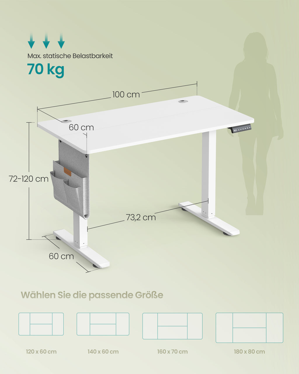 Sähköisesti korkeussäädettävä työpöytä, 100 × 60 cm, muistitoiminto 4 korkeudelle, USB-C-liitäntä, pilvenvalkoinen