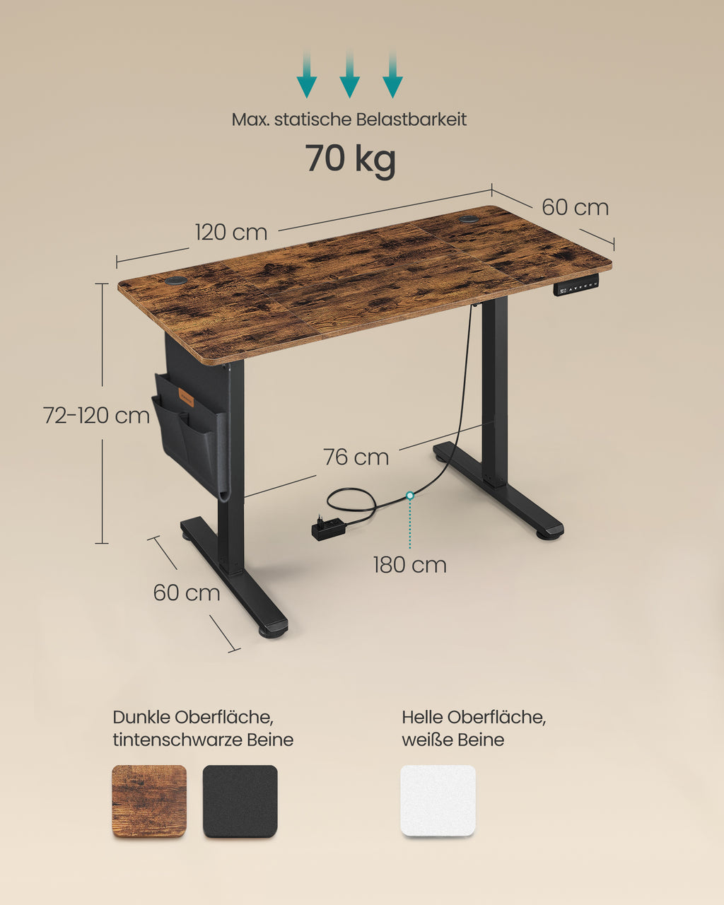 Korkeussäädettävä sähköpöytä, 60 × 120 × 72–120 cm, muistitoiminto 4 korkeudelle, kotitoimistoon ja työhuoneeseen, vintageruskea ja syvänmusta