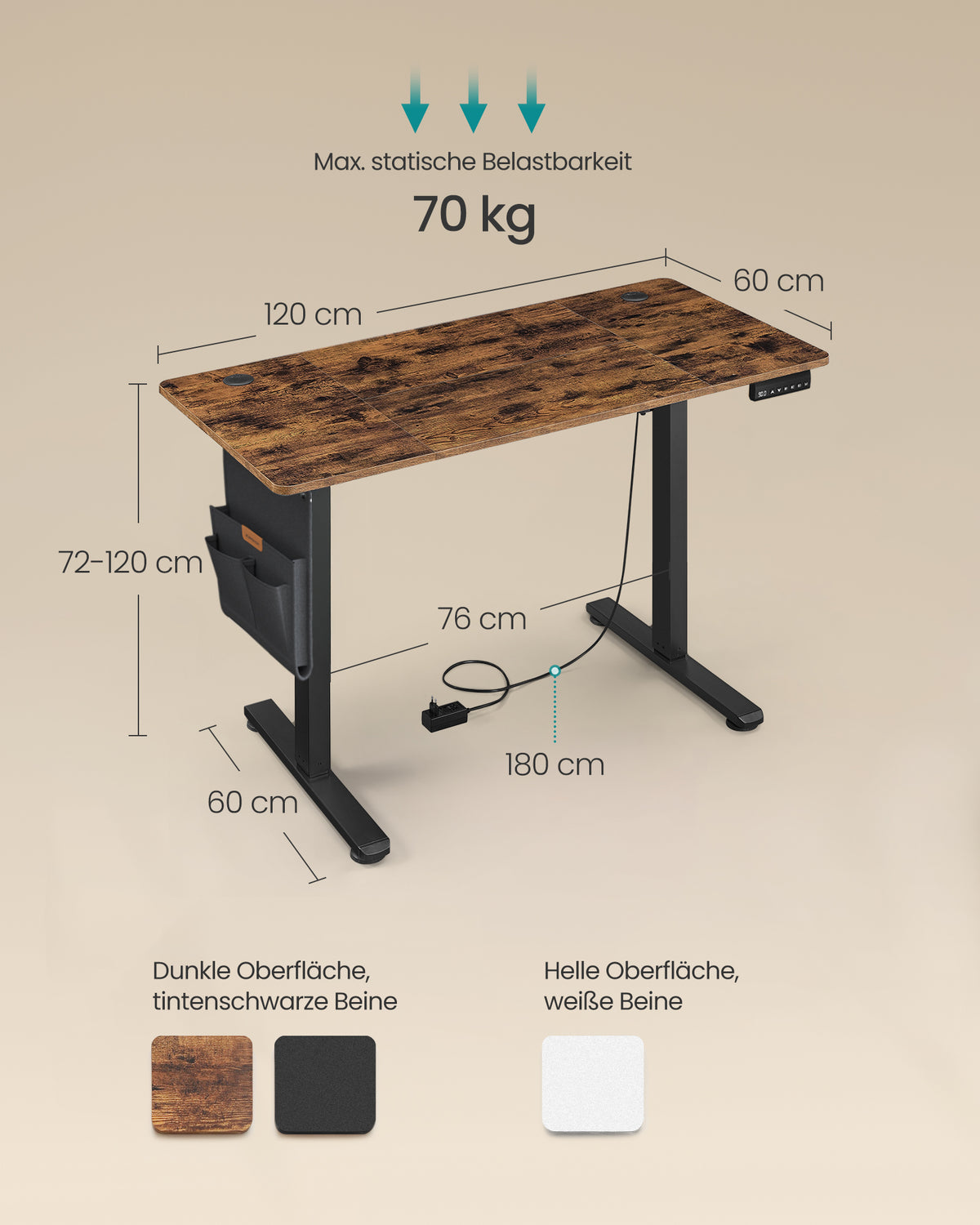 Korkeussäädettävä sähköpöytä, 60 × 120 × 72–120 cm, muistitoiminto 4 korkeudelle, kotitoimistoon ja työhuoneeseen, vintageruskea ja syvänmusta