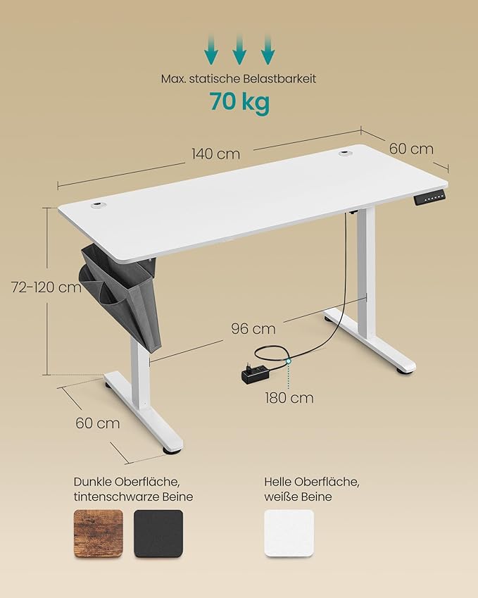Korkeussäädettävä sähköpöytä, 60 × 140 × 72–120 cm, muistitoiminto 4 korkeudelle, kotitoimistoon ja työhuoneeseen, pilvenvalkoinen