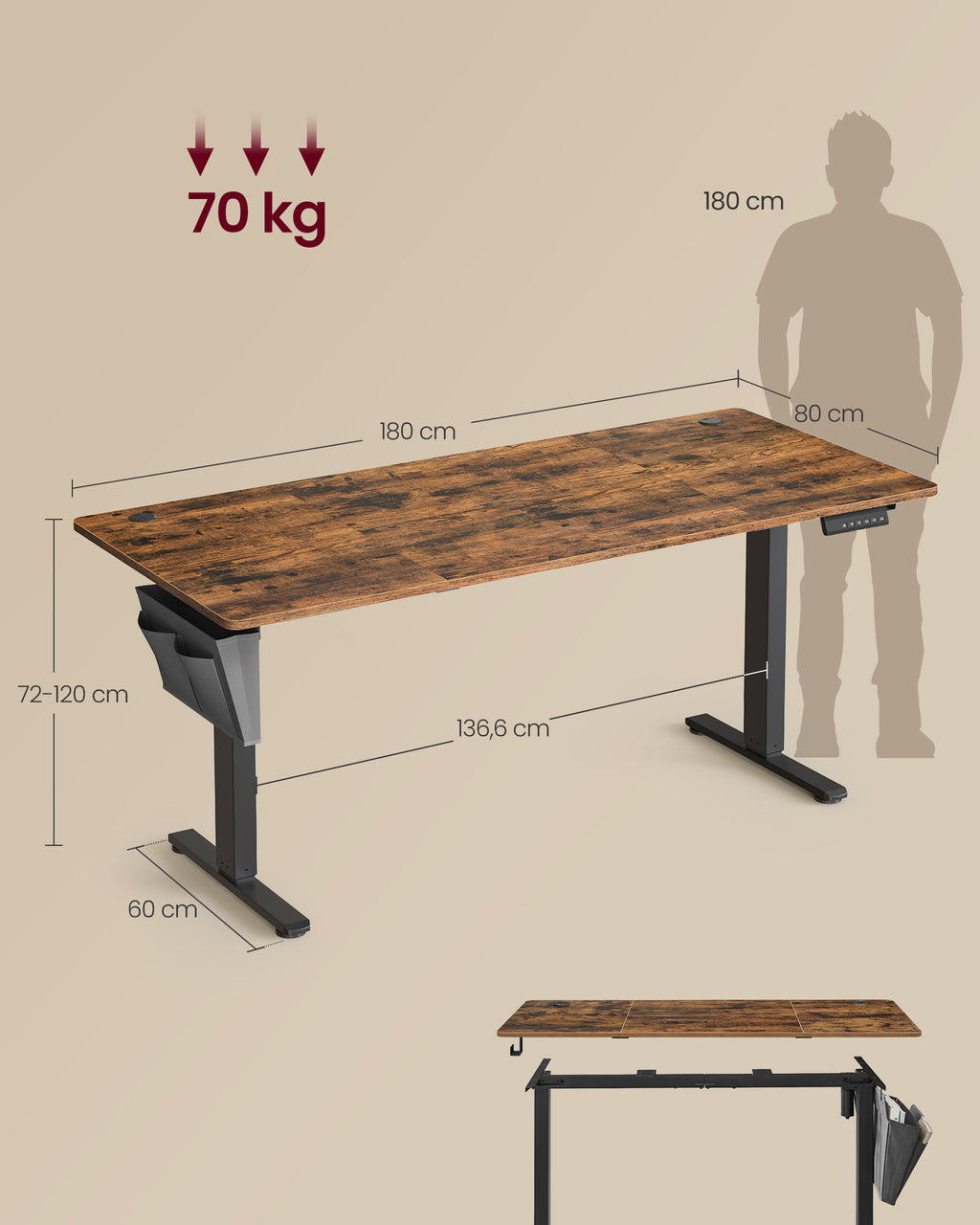 Korkeussäädettävä sähköpöytä, 180 × 80 cm, säädettävä työpöytä, muistitoiminto 4 korkeudelle, toimistoon, vintageruskea
