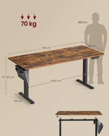 Korkeussäädettävä sähköpöytä, 180 × 80 cm, säädettävä työpöytä, muistitoiminto 4 korkeudelle, toimistoon, vintageruskea