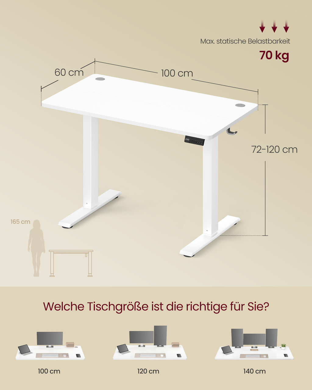 Korkeussäädettävä sähköpöytä, seisomapöytä ja tietokonepöytä, muistitoiminto 4 korkeudelle, 100 × 60 cm, pilvenvalkoinen