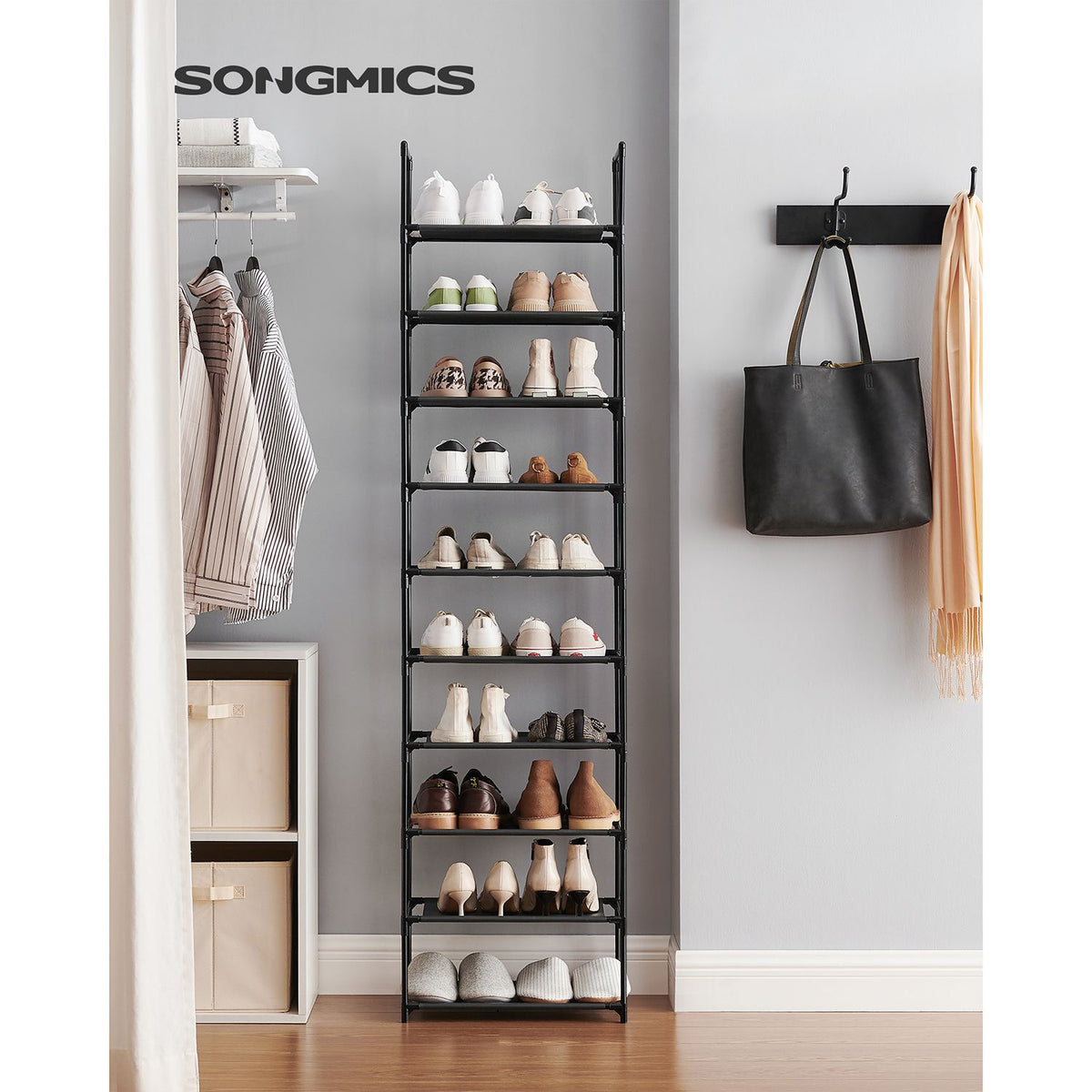 10-tasoinen kenkäteline, tilaa säästävä kenkäsäilytys, 45 × 28 × 173 cm, metallirunko, kuitukangashyllyt, eteiseen ja makuuhuoneeseen, musta