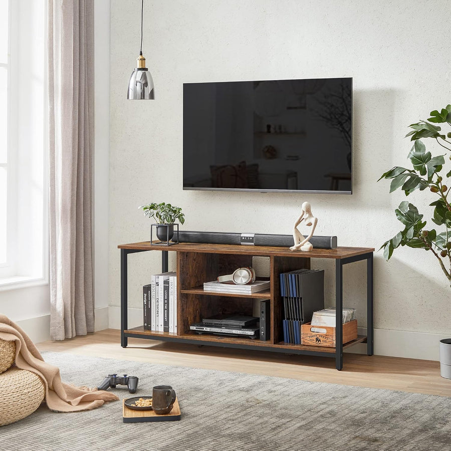 TV-taso enintään 60 tuuman televisioille, TV-kaappi avohyllyillä, olohuoneeseen ja viihdehuoneeseen, rustiikkiruskea ja musta