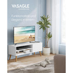 Matala TV-taso enintään 55 tuuman televisioille, 120 cm pitkä TV-taso olohuoneeseen, industrial-muotoilu, valkoinen