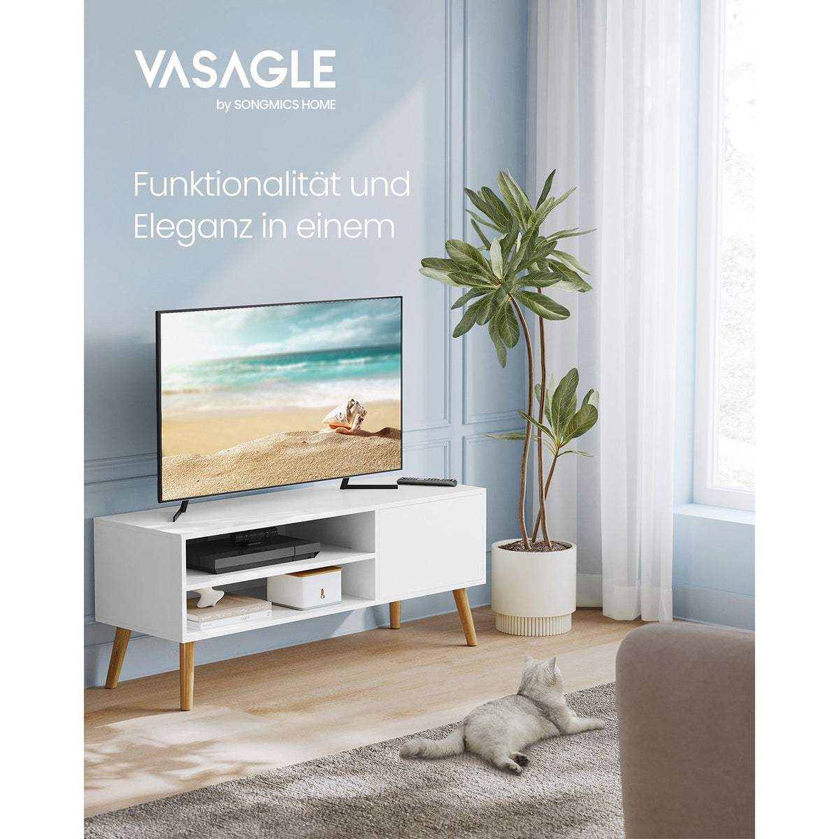 Matala TV-taso enintään 55 tuuman televisioille, 120 cm pitkä TV-taso olohuoneeseen, industrial-muotoilu, valkoinen