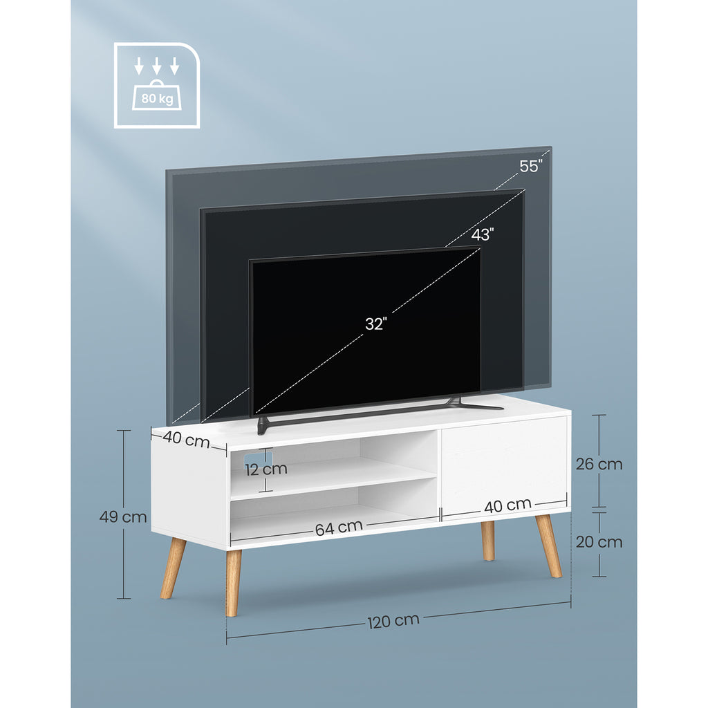 Matala TV-taso enintään 55 tuuman televisioille, 120 cm pitkä TV-taso olohuoneeseen, industrial-muotoilu, valkoinen