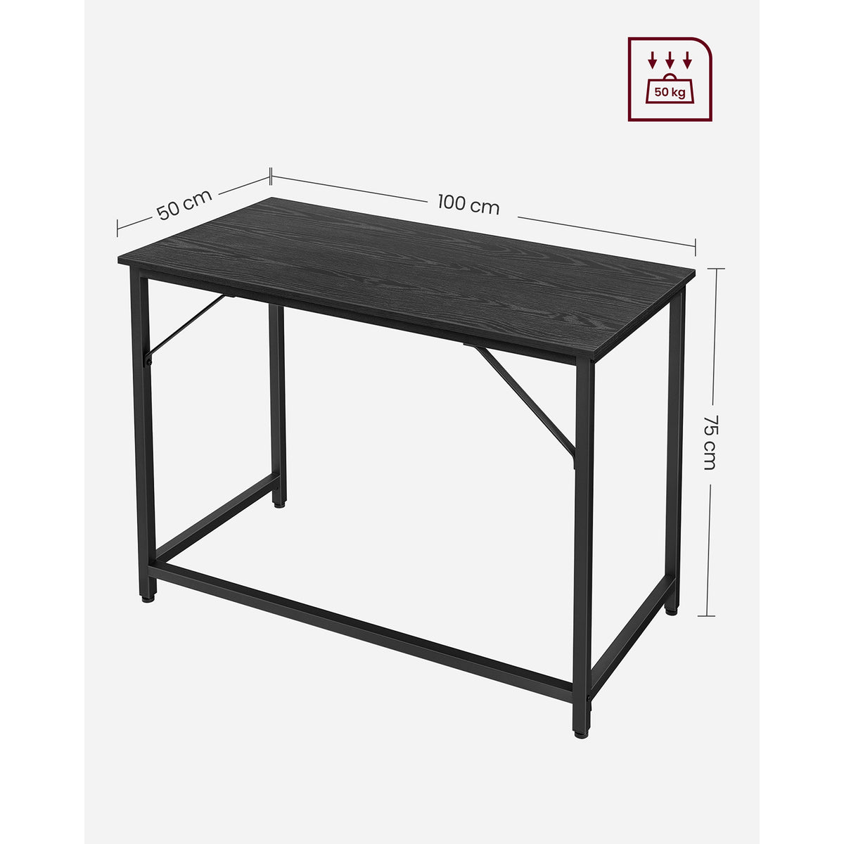 Työpöytä, pieni tietokonepöytä, toimistopöytä, työhuoneeseen ja makuuhuoneeseen, 50 × 100 × 75 cm, industrial-muotoilu, metallirunko, musta