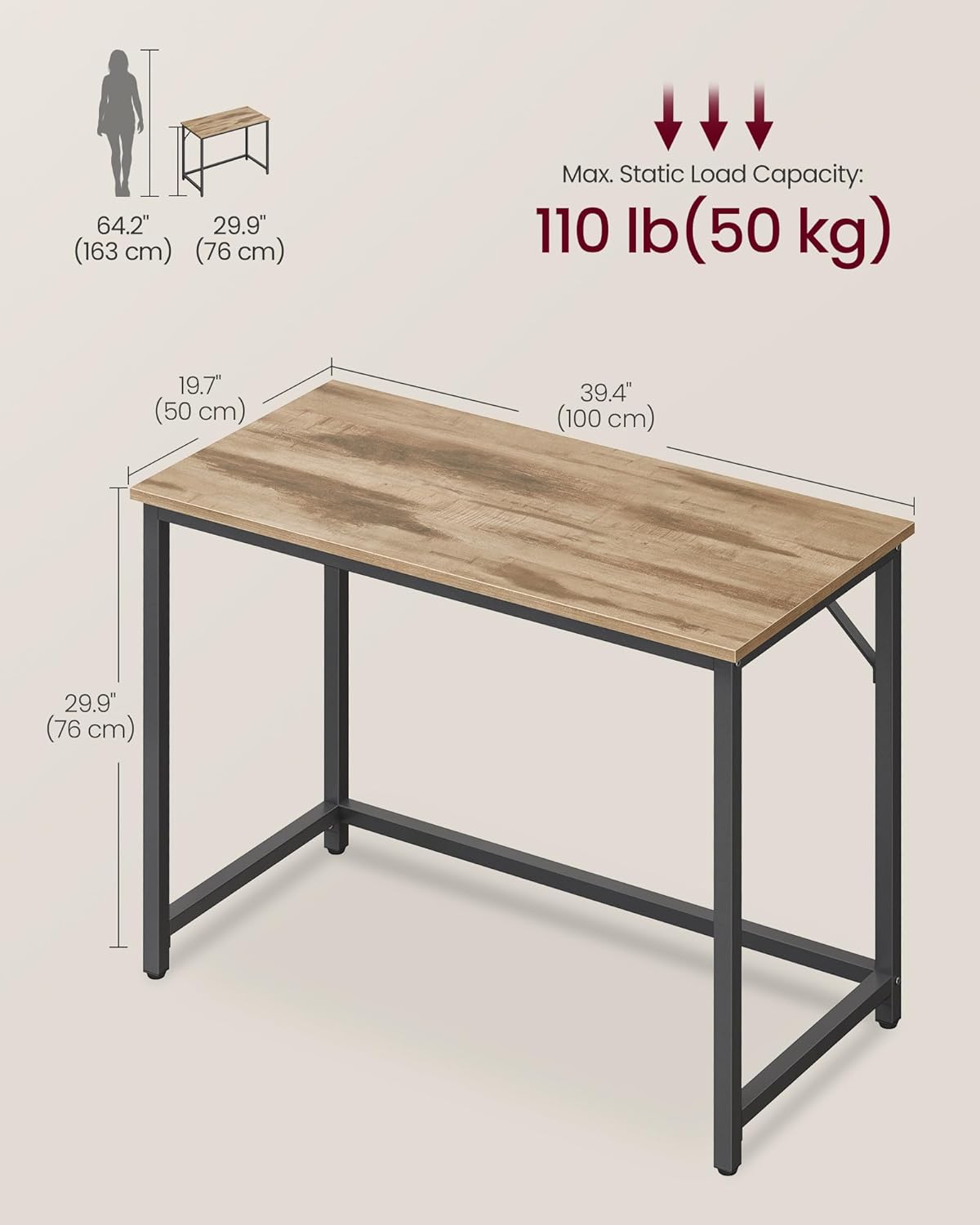 Tietokonepöytä, toimistopöytä, 100 × 50 × 76 cm, työhuoneeseen, makuuhuoneeseen ja olohuoneeseen, kamelinruskea ja syvänmusta