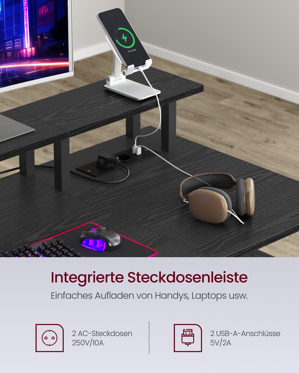 Pelipöytä kangaslaatikoilla, tietokonepöytä näyttökorokkeella, jatkopistorasia ja 2 USB-liitäntää, kotitoimistoon, 140 × 60 cm, musta puu