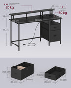 Pelipöytä kangaslaatikoilla, tietokonepöytä näyttökorokkeella, jatkopistorasia ja 2 USB-liitäntää, kotitoimistoon, 140 × 60 cm, musta puu