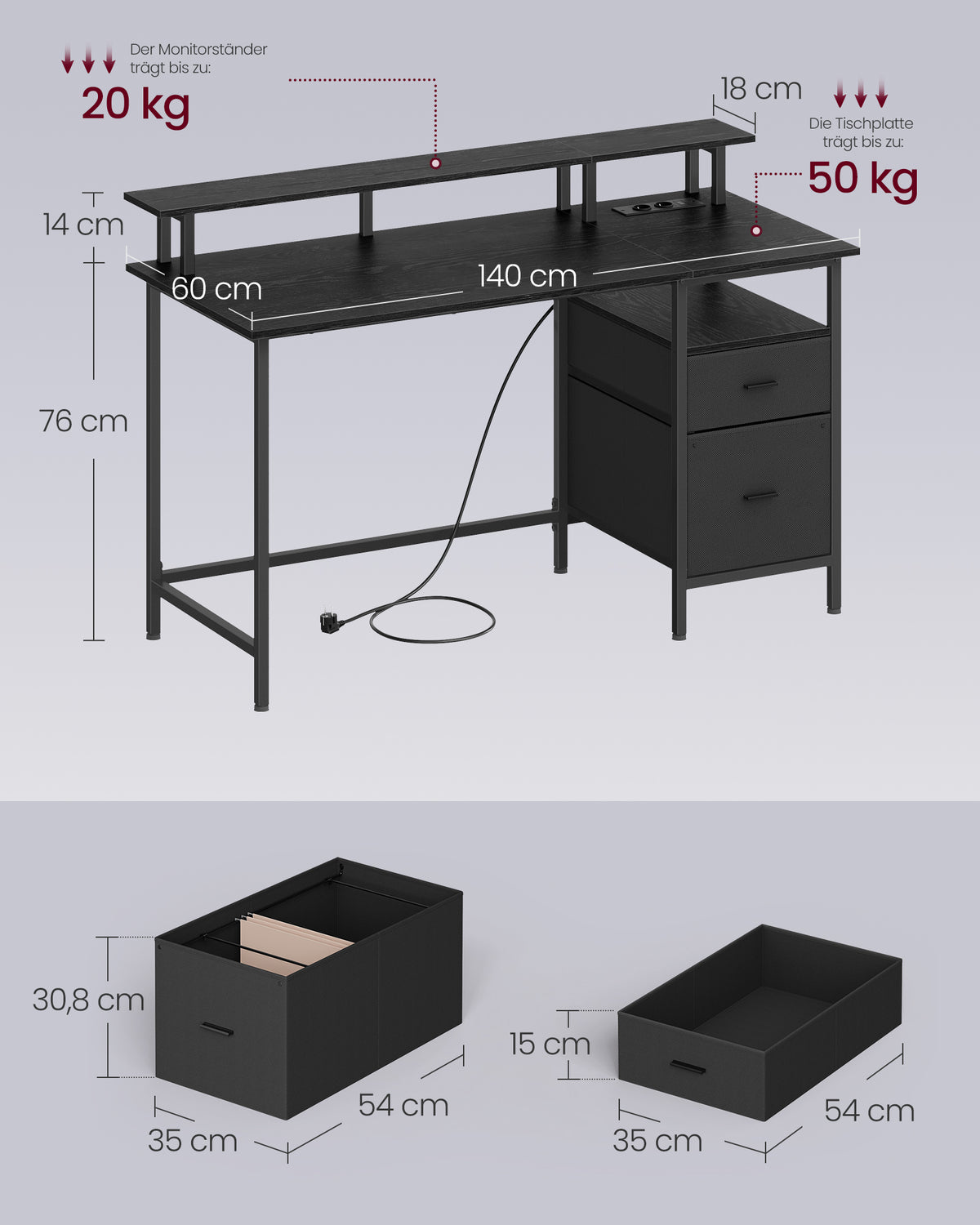 Pelipöytä kangaslaatikoilla, tietokonepöytä näyttökorokkeella, jatkopistorasia ja 2 USB-liitäntää, kotitoimistoon, 140 × 60 cm, musta puu