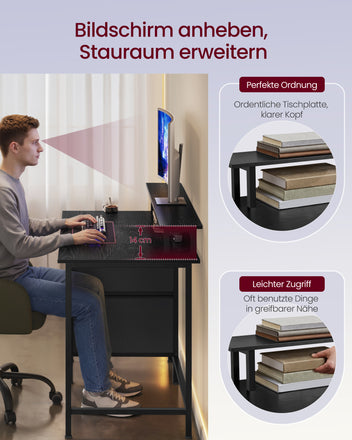 Pelipöytä kangaslaatikoilla, tietokonepöytä näyttökorokkeella, jatkopistorasia ja 2 USB-liitäntää, kotitoimistoon, 140 × 60 cm, musta puu