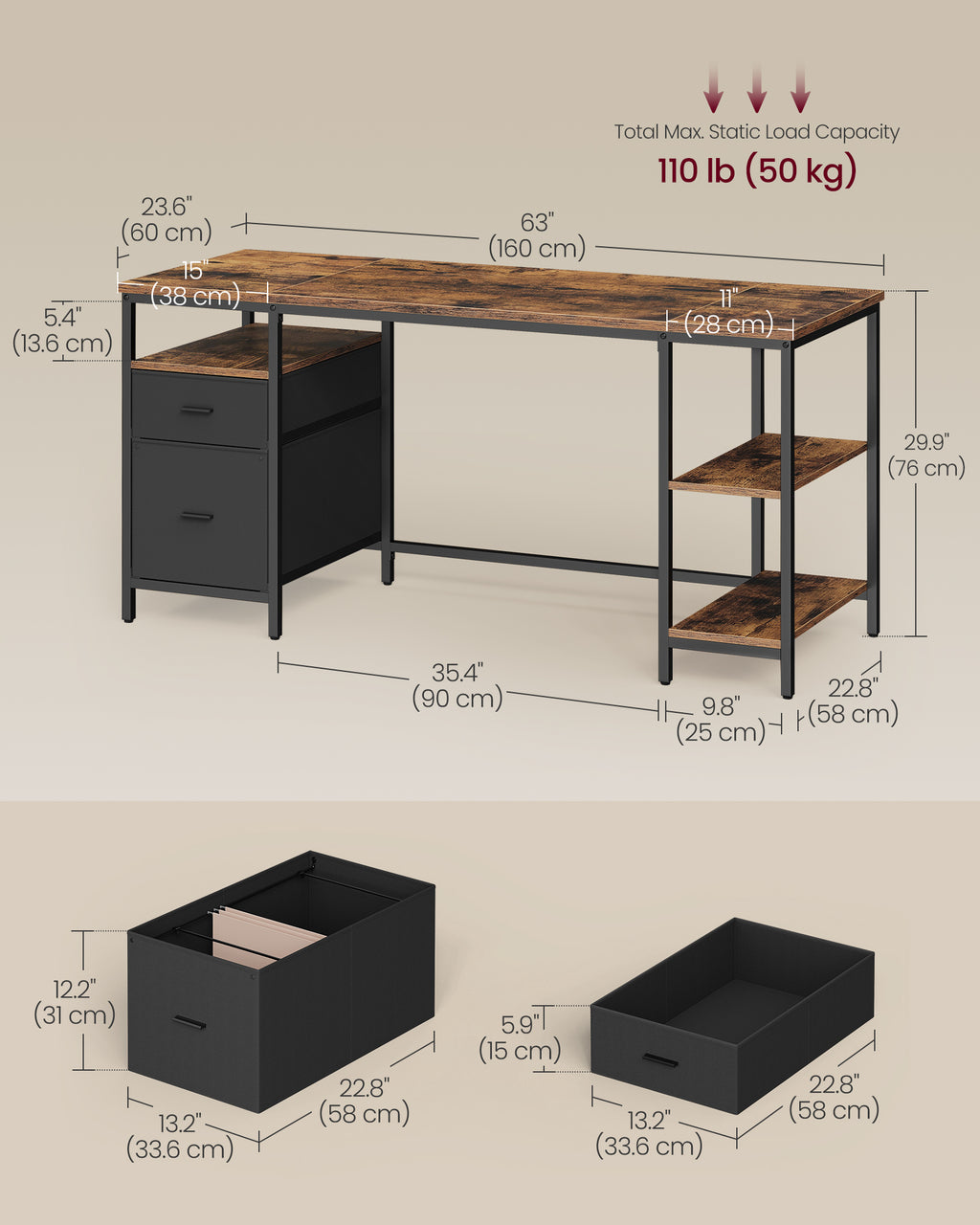 Tietokonepöytä, työpöytä säilytystilalla, 3 hyllyä, 2 laatikkoa, 60 × 160 × 76 cm, kotitoimistoon ja olohuoneeseen, industrial-tyyli, rustiikkiruskea ja mattamusta