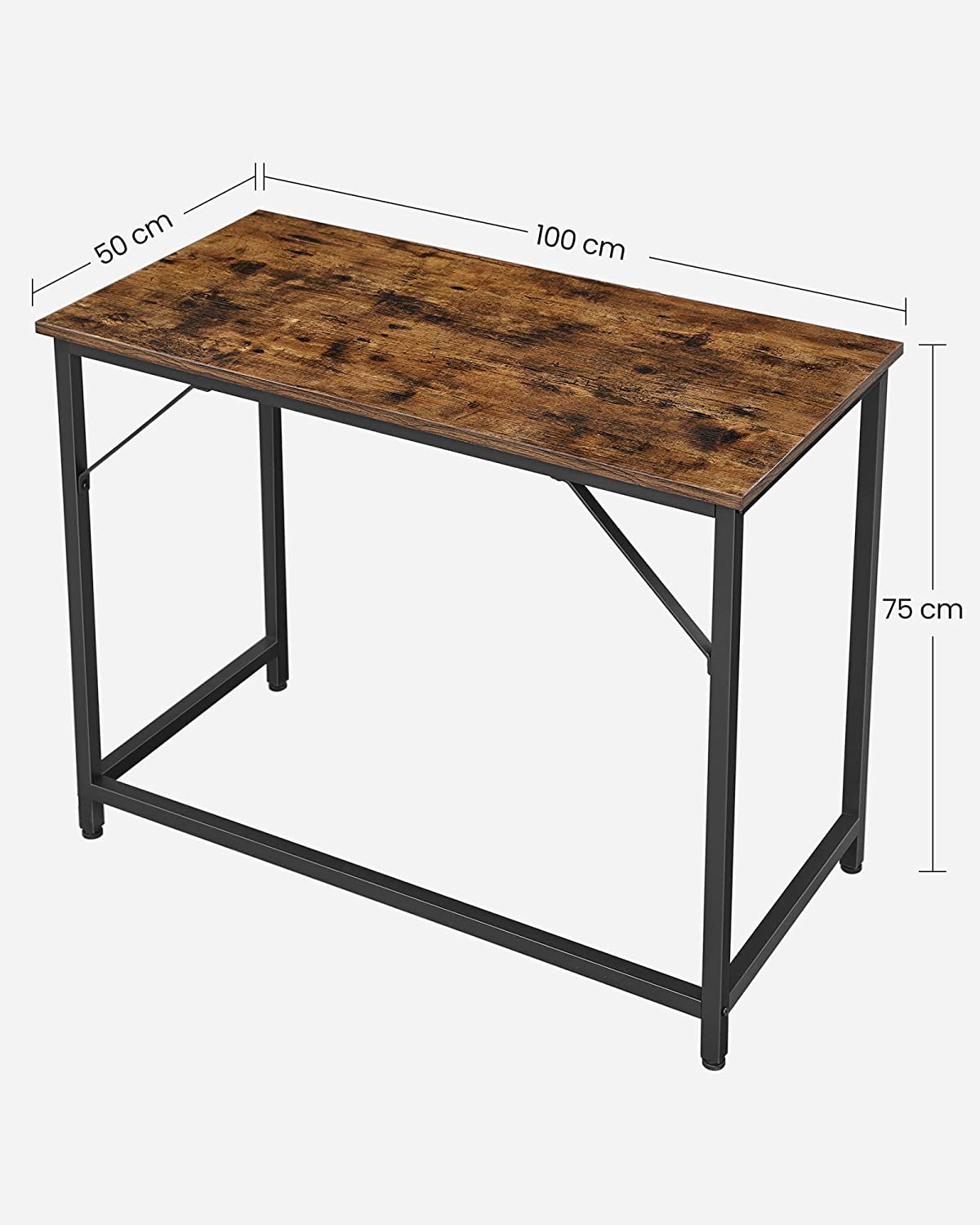 Tietokonepöytä, kirjoituspöytä, pieni toimistopöytä, 50 × 100 × 75 cm, työhuoneeseen ja kotitoimistoon, helppo koota, teräs, industrial-muotoilu, rustiikkiruskea ja musta