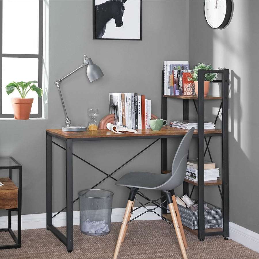 Tietokonepöytä, 120 cm kirjoituspöytä säilytyshyllyillä vasemmalle tai oikealle, vakaa, helppo koota, kotitoimistoon, industrial-tyyli, rustiikkiruskea ja musta