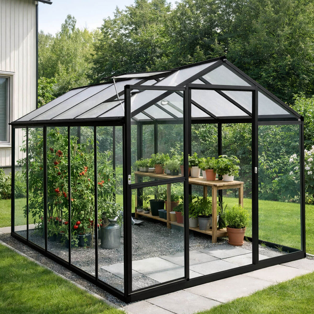 Glasväxthus 5,4 m² – aluminiumram, härdat glas, tak av polykarbonat