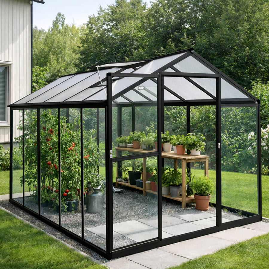Glasväxthus 5,4 m² – aluminiumram, härdat glas, tak av polykarbonat