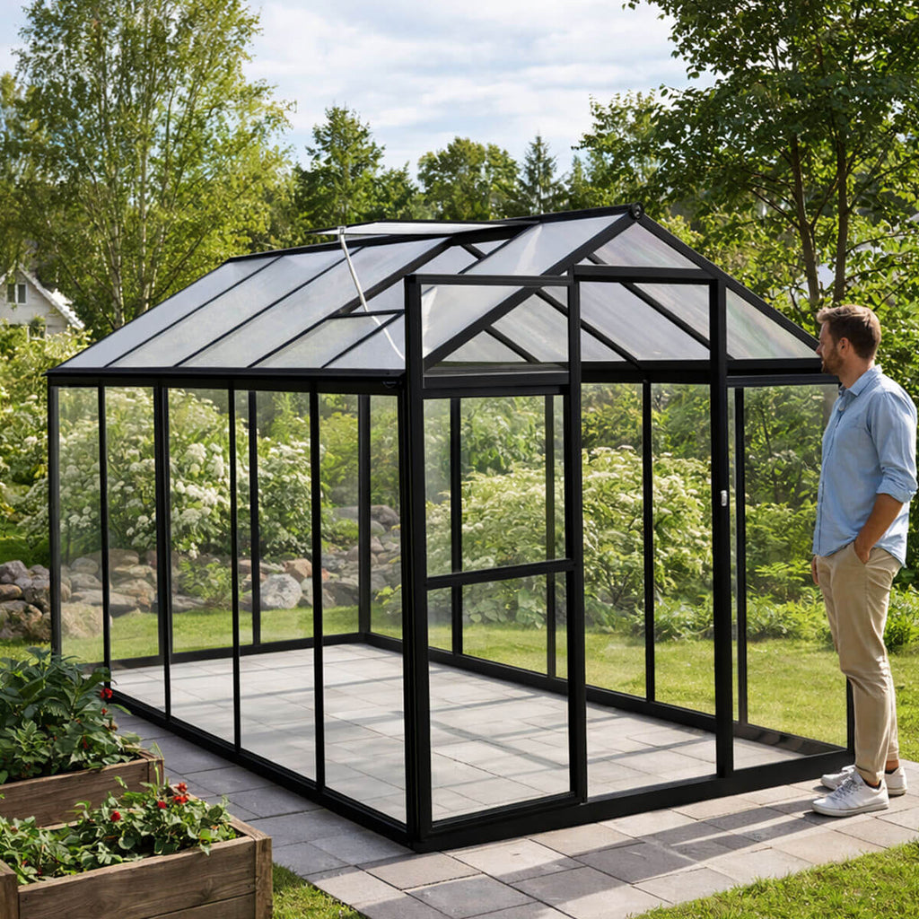 Glasväxthus 5,4 m² – aluminiumram, härdat glas, tak av polykarbonat