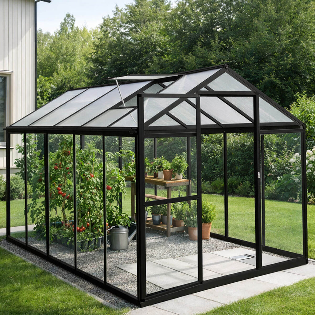 Glasväxthus 5,4 m² – aluminiumram, härdat glas, tak av polykarbonat