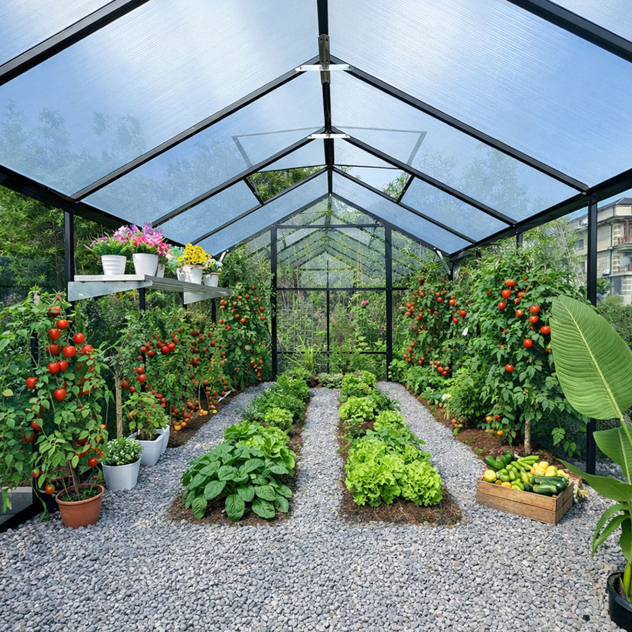 Glasväxthus 5,4 m² – aluminiumram, härdat glas, tak av polykarbonat