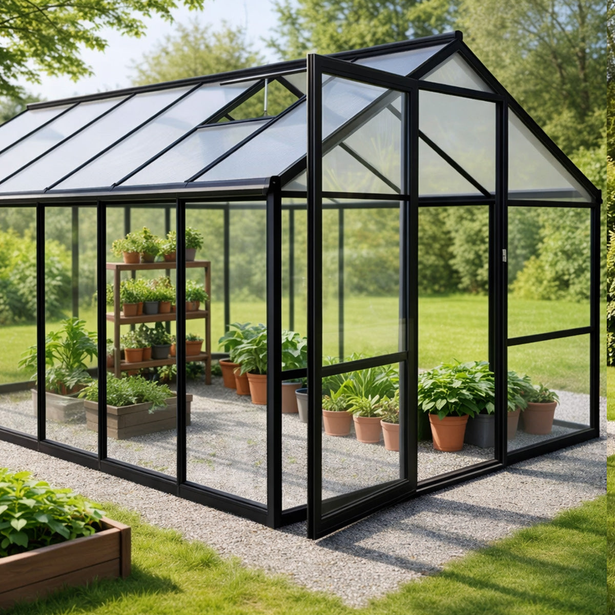 Glasväxthus 8,6 m² – aluminiumram, härdat glas, tak av polykarbonat