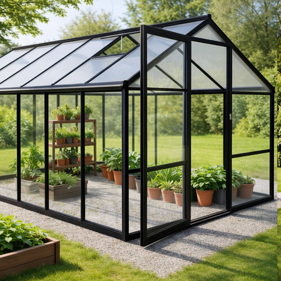 Glasväxthus 8,6 m² – aluminiumram, härdat glas, tak av polykarbonat