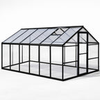 Lasikasvihuone 8,6 m² – alumiinirunko, temperoitu lasi, polykarbonaattikatto