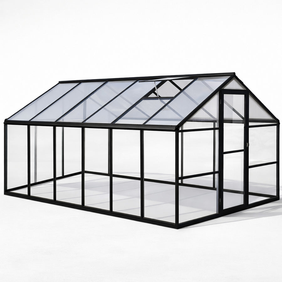 Glasväxthus 8,6 m² – aluminiumram, härdat glas, tak av polykarbonat