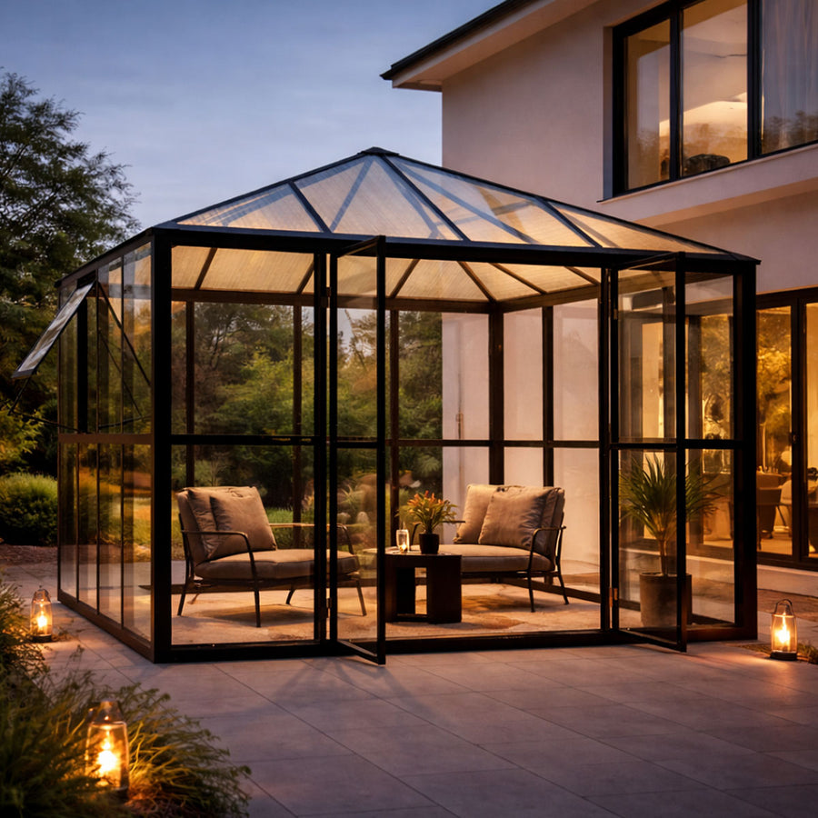 Glaspaviljong 288 x 288 cm – 8,29 m², ventilationsfönster, aluminiumram