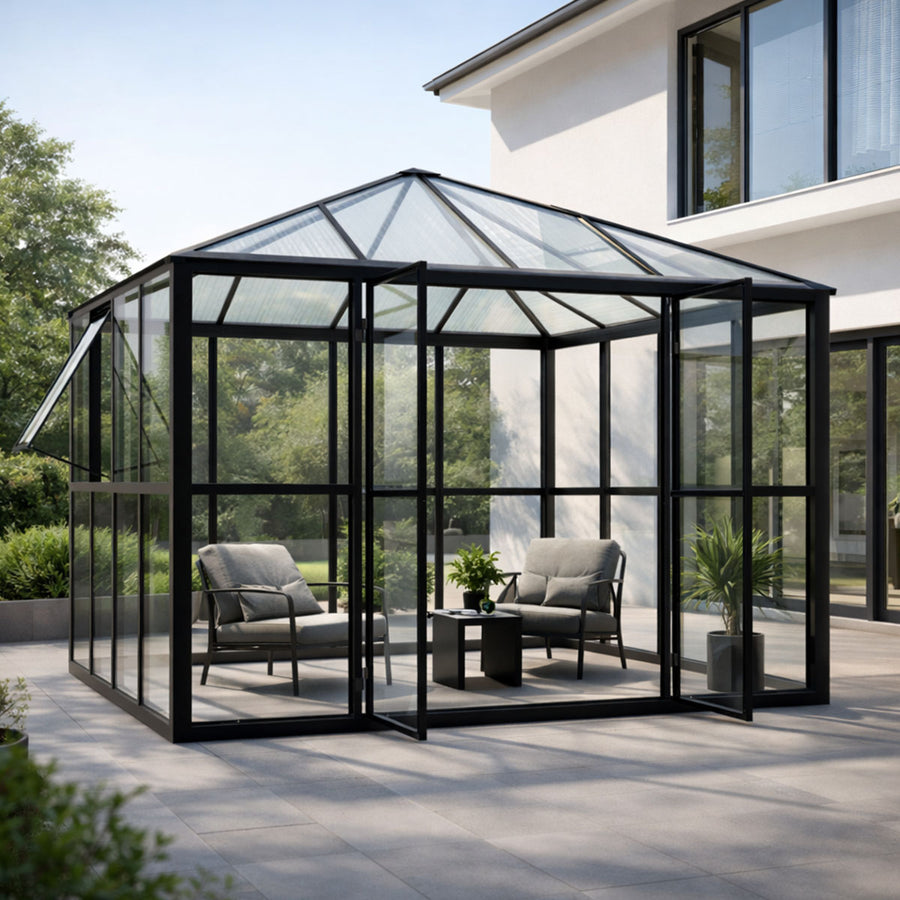 Glaspaviljong 288 x 288 cm – 8,29 m², ventilationsfönster, aluminiumram