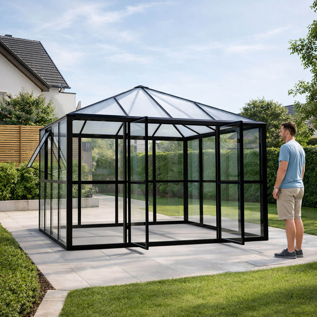 Glaspaviljong 288 x 288 cm – 8,29 m², ventilationsfönster, aluminiumram